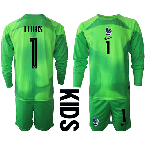 Frankrig Hugo Lloris #1 Målmand Udebanesæt Børn VM 2022 Langærmet (+ Korte bukser)